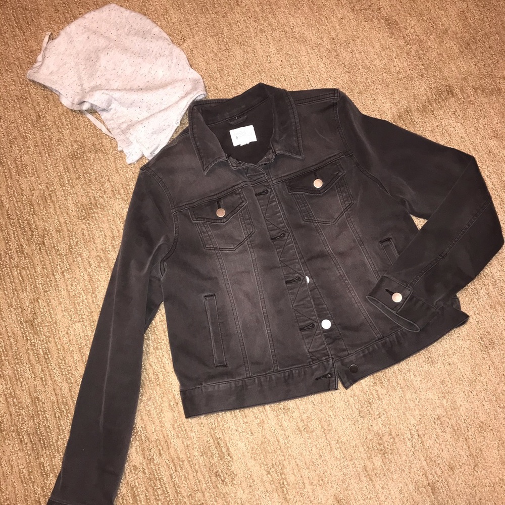 Black Denim Jacket with detachable gray cloth hood